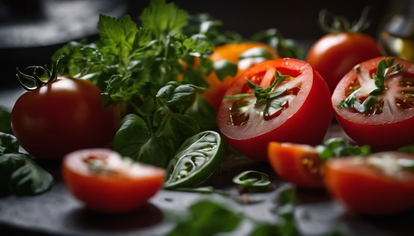 a high-angle shot of a tomato salad, featuring a variety of sliced tomatoes, fresh herbs, and other colorful ingredients, creating an appetizing and visually appealing composition