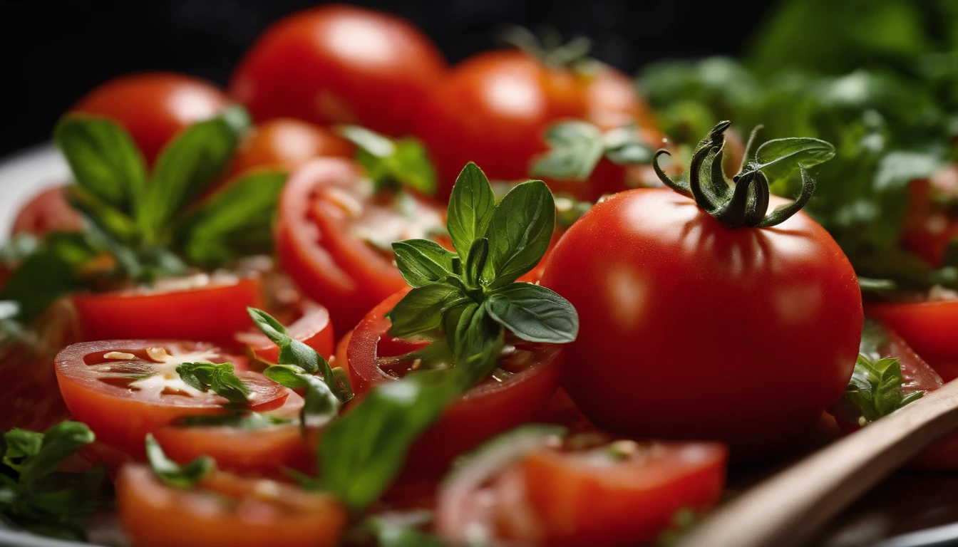 a high-angle shot of a tomato salad, featuring a variety of sliced tomatoes, fresh herbs, and other colorful ingredients, creating an appetizing and visually appealing composition