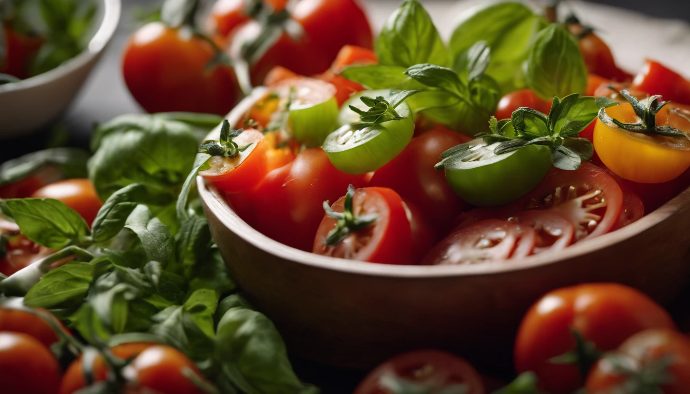 a high-angle shot of a tomato salad, featuring a variety of sliced tomatoes, fresh herbs, and other colorful ingredients, creating an appetizing and visually appealing composition