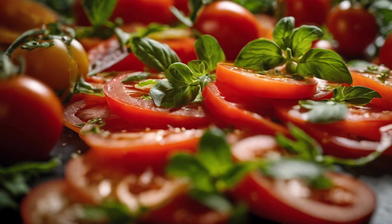 a high-angle shot of a tomato salad, featuring a variety of sliced tomatoes, fresh herbs, and other colorful ingredients, creating an appetizing and visually appealing composition