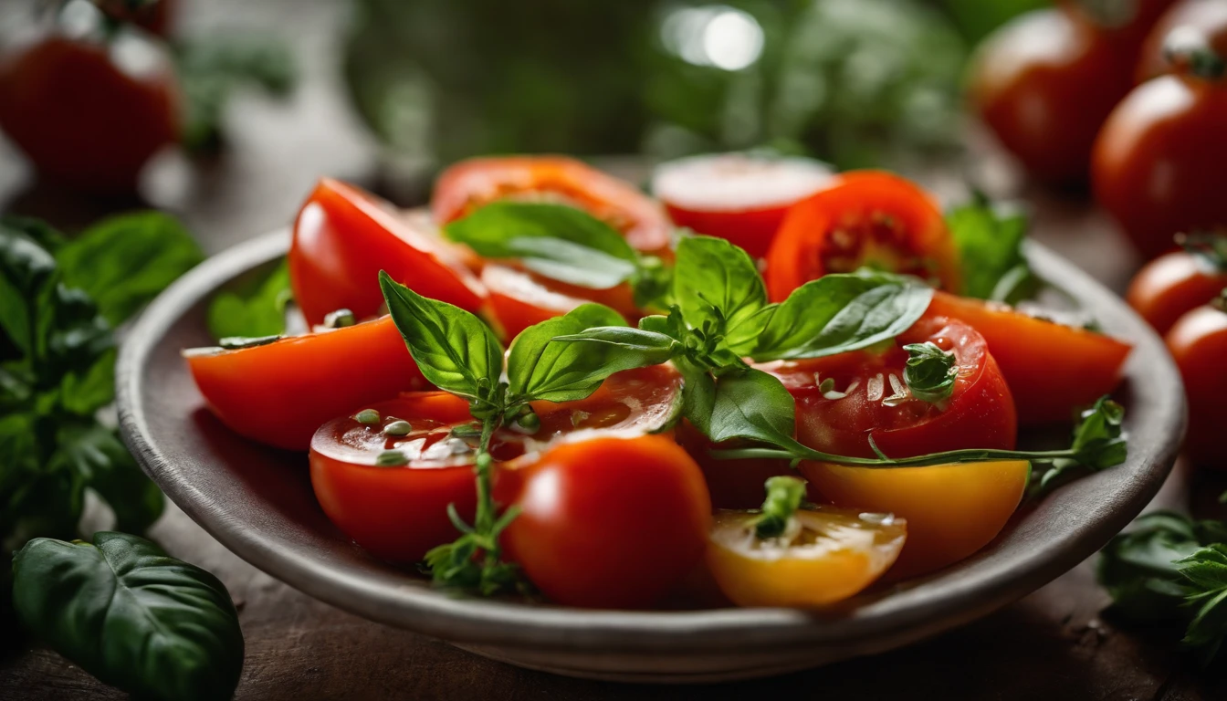 a high-angle shot of a tomato salad, featuring a variety of sliced tomatoes, fresh herbs, and other colorful ingredients, creating an appetizing and visually appealing composition