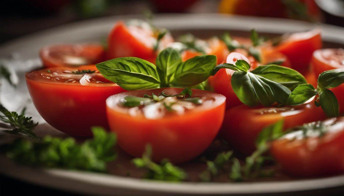 a high-angle shot of a tomato salad, featuring a variety of sliced tomatoes, fresh herbs, and other colorful ingredients, creating an appetizing and visually appealing composition