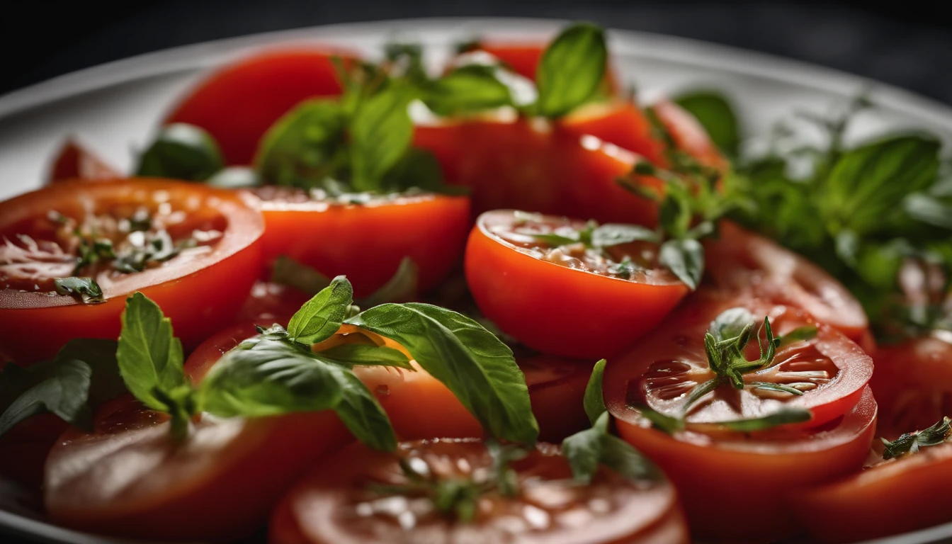 a high-angle shot of a tomato salad, featuring a variety of sliced tomatoes, fresh herbs, and other colorful ingredients, creating an appetizing and visually appealing composition