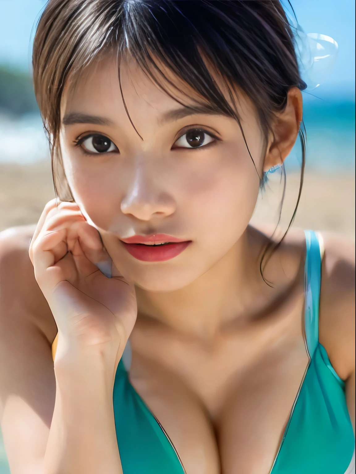 (Raw photo, Best Quality), (Realistic, Photorealsitic:1.3), masutepiece, Extremely delicate and beautiful, Soft light, (Black hair,Long hair, layers-Cut), Beautiful detailed girl, (Precise fingers, Eyes and faces with detailed, beautiful detailed nose, Beautiful detailed eyes, 1 girl, Japanese, Neat and clean beauty, Cute, 年轻, In a swimsuit,Sit on the sandy beach (Half body:1.3), (medium breasts), Realistic face, Realistic body, (Evening beach)