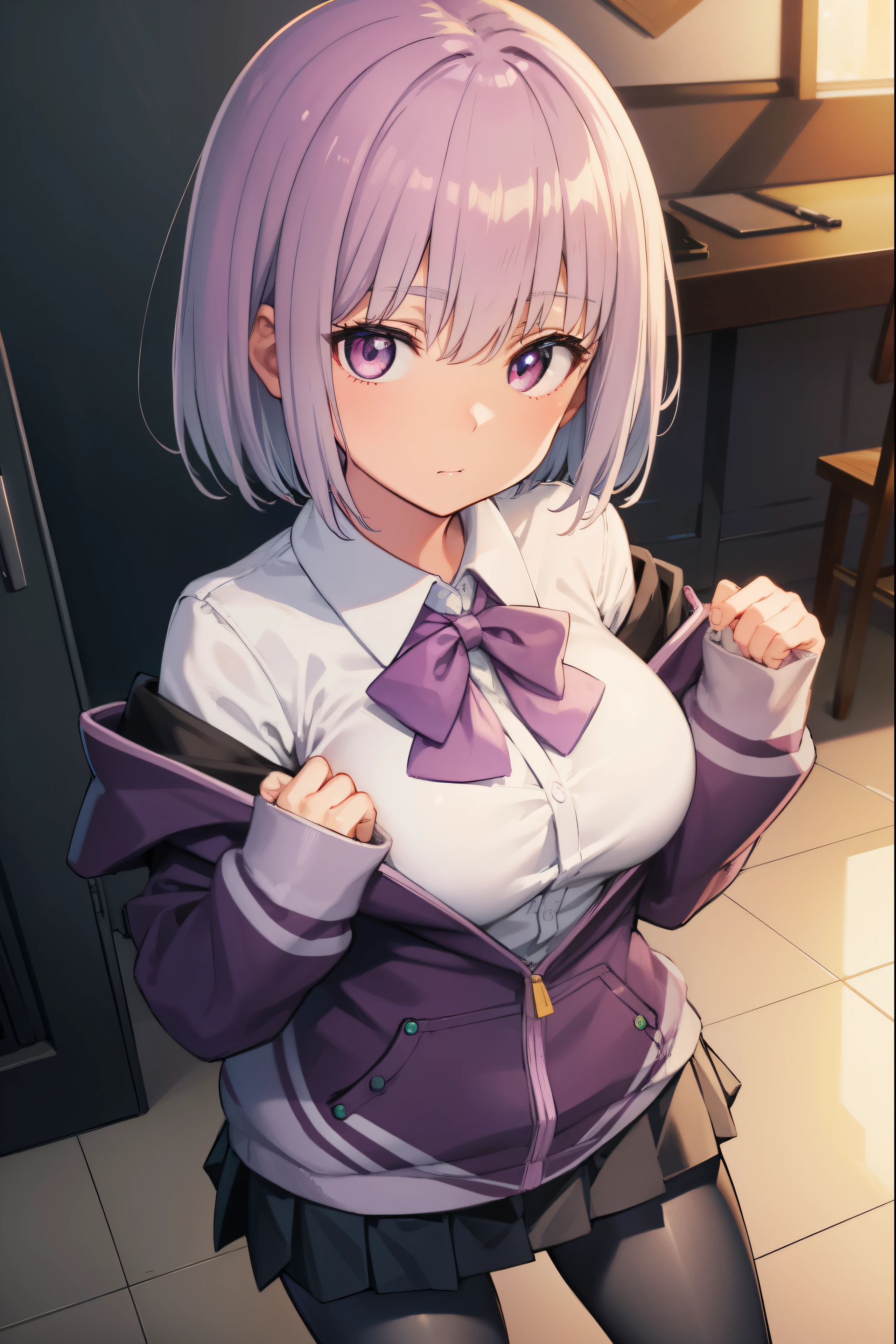 akaneshinjou, shinjou akane, light purple hair, (pink eyes:1.2), short hair,
BREAK black pantyhose, bow, collared shirt, hood, hooded jacket, jacket, open clothes, open jacket, open shirt, pantyhose, purple bow, purple jacket, school uniform, shirt, sleeves past wrists, unbuttoned shirt, white shirt,
BREAK indoors, city,
BREAK looking at viewer, BREAK (masterpiece:1.2), best quality, high resolution, unity 8k wallpaper, (illustration:0.8), (beautiful detailed eyes:1.6), extremely detailed face, perfect lighting, extremely detailed CG, (perfect hands, perfect anatomy),