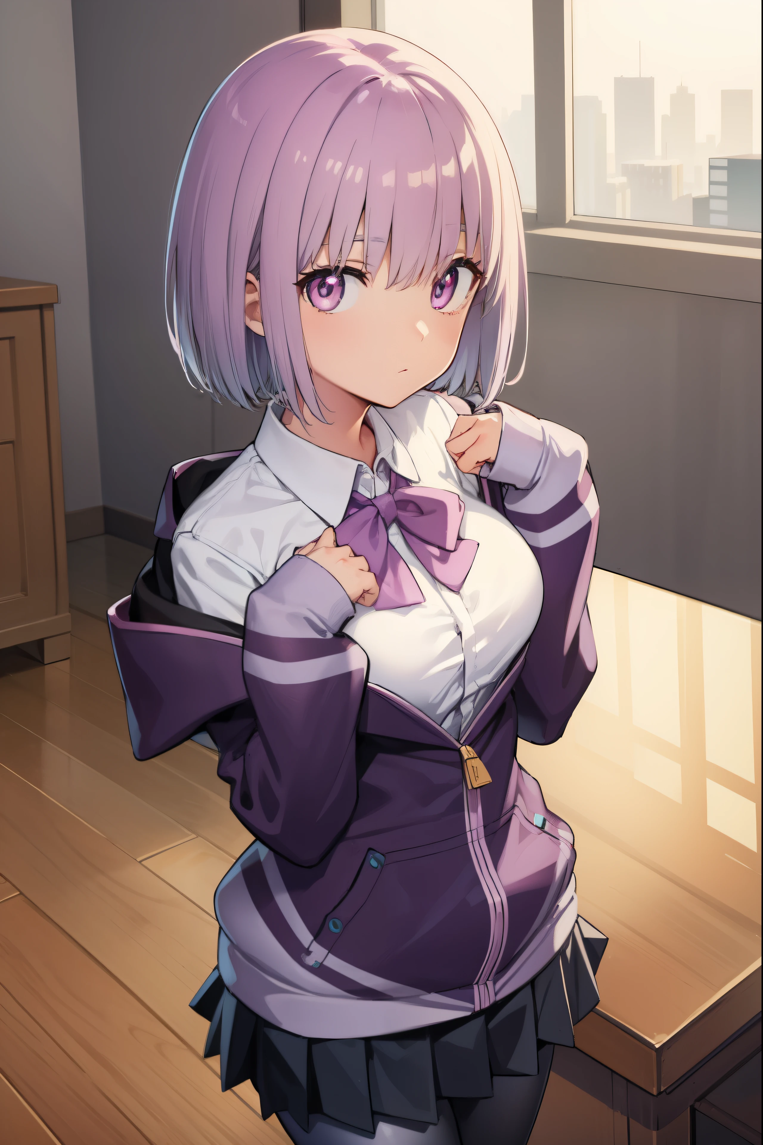 akaneshinjou, shinjou akane, light purple hair, (pink eyes:1.2), short hair,
BREAK black pantyhose, bow, collared shirt, hood, hooded jacket, jacket, open clothes, open jacket, open shirt, pantyhose, purple bow, purple jacket, school uniform, shirt, sleeves past wrists, unbuttoned shirt, white shirt,
BREAK indoors, city,
BREAK looking at viewer, BREAK (masterpiece:1.2), best quality, high resolution, unity 8k wallpaper, (illustration:0.8), (beautiful detailed eyes:1.6), extremely detailed face, perfect lighting, extremely detailed CG, (perfect hands, perfect anatomy),