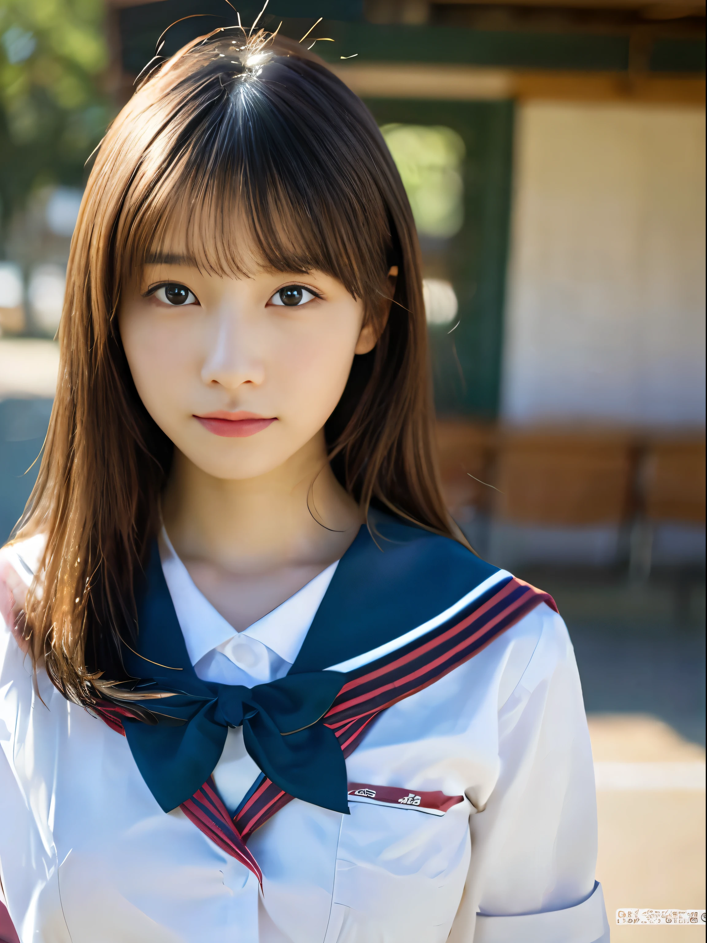 (Raw photo, Best Quality), (Realistic, Photorealsitic:1.3), masutepiece, Extremely delicate and beautiful, Soft light, (Black hair,Long hair, layers-Cut), Beautiful detailed girl, (Precise fingers, Eyes and faces with detailed, beautiful detailed nose, Beautiful detailed eyes, 1 girl, japanes, Neat and clean beauty, Cute, 年轻, In uniform， (Half body:1.3), (medium breasts), Realistic face, Realistic body, ‎Classroom