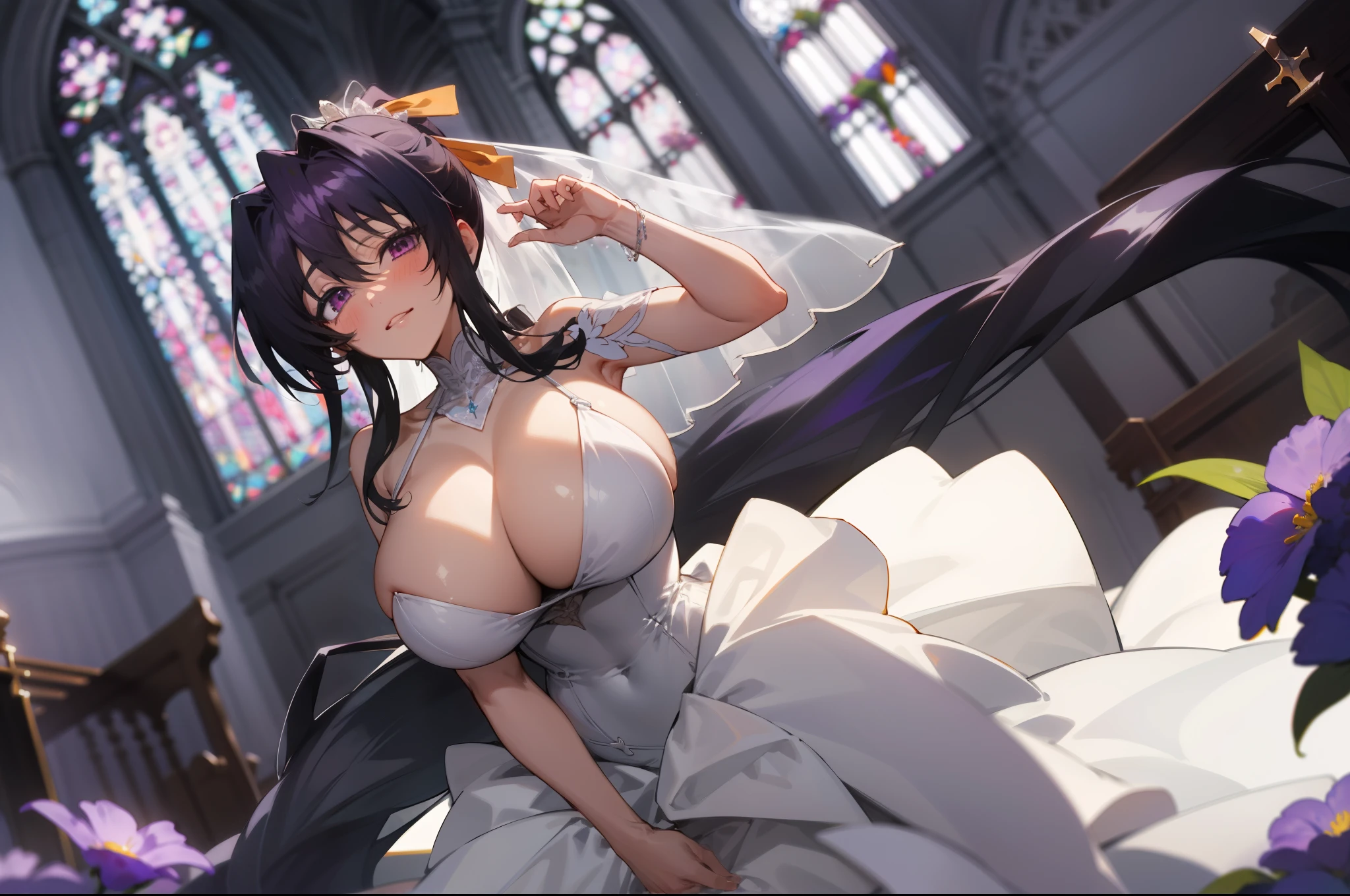 (1girl), himejima_akeno, black hair, ponytail, ((very long hair)), ribbon,), huge tits, purple Flowers, in a wedding dress, church, bridal veil,