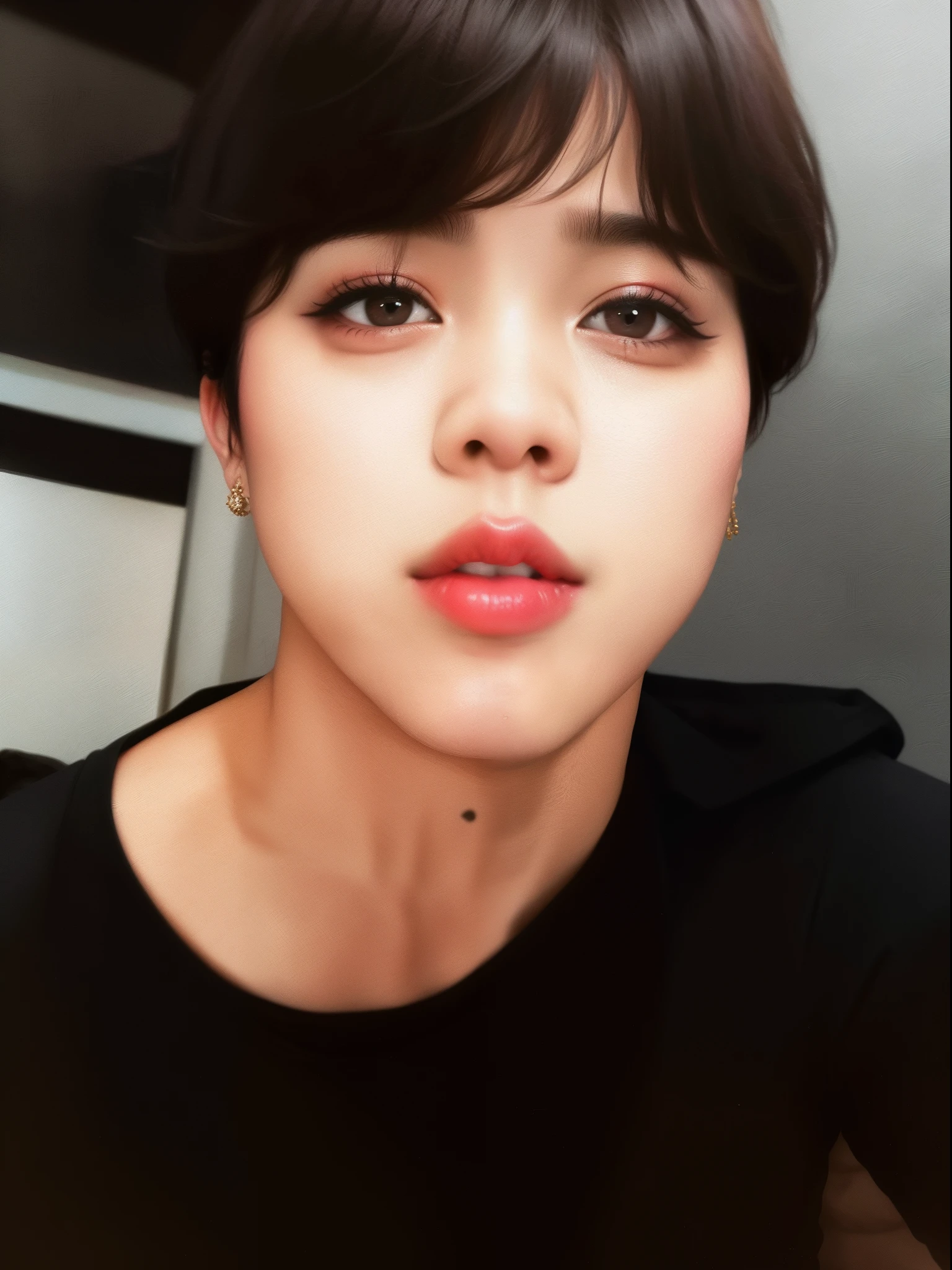 park jimin com uma camisa preta e uma camisa preta, Jimin\Plump lips, accurate Jimin face, Jimin\Nariz grego, park Jimin, Jimin\'s right eyelid swollen, Jimin, park jimin de cabelos pretos, jimin , lips closed, Jimin adorable korean face, 8k!, melhr qualidade, hd
