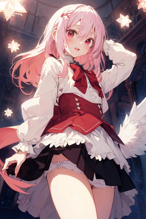 (skirt lift, self lift, white panties:1.2) BREAK beautiful illustration, best quality, cute girl, (transform sequence), transform magical girl, chibi, white magical girl, fractal art, albino, babyface, long pink hair, beautiful detailed red eyes, cinematic lighting, looking at viewer, blush, happy, from below