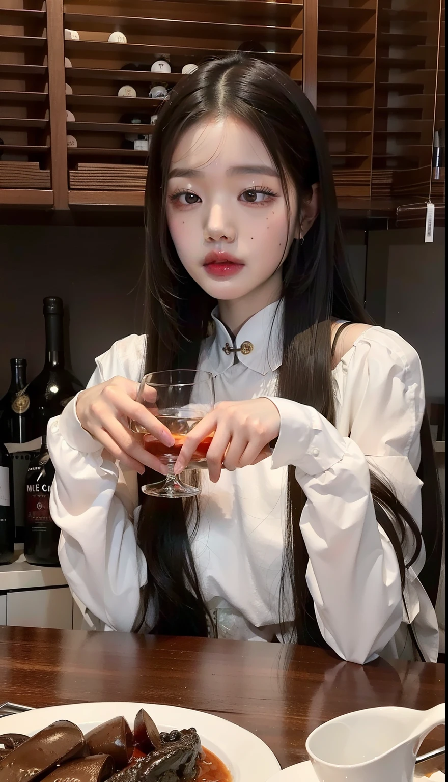 Hay una mujer sentada en una mesa con una copa de vino, Blackpink Jennie, Asian girl con el pelo largo, beautiful Asian girl, con el pelo largo, Peinado blanco de corte hime, Hermosa mujer surcoreana, Xision Wu, Asian girl, Chica coreana, Ruan Jia hermoso!, asian features, young Asian girl, Chica china, Hermosa modelo china, El Corte Hime