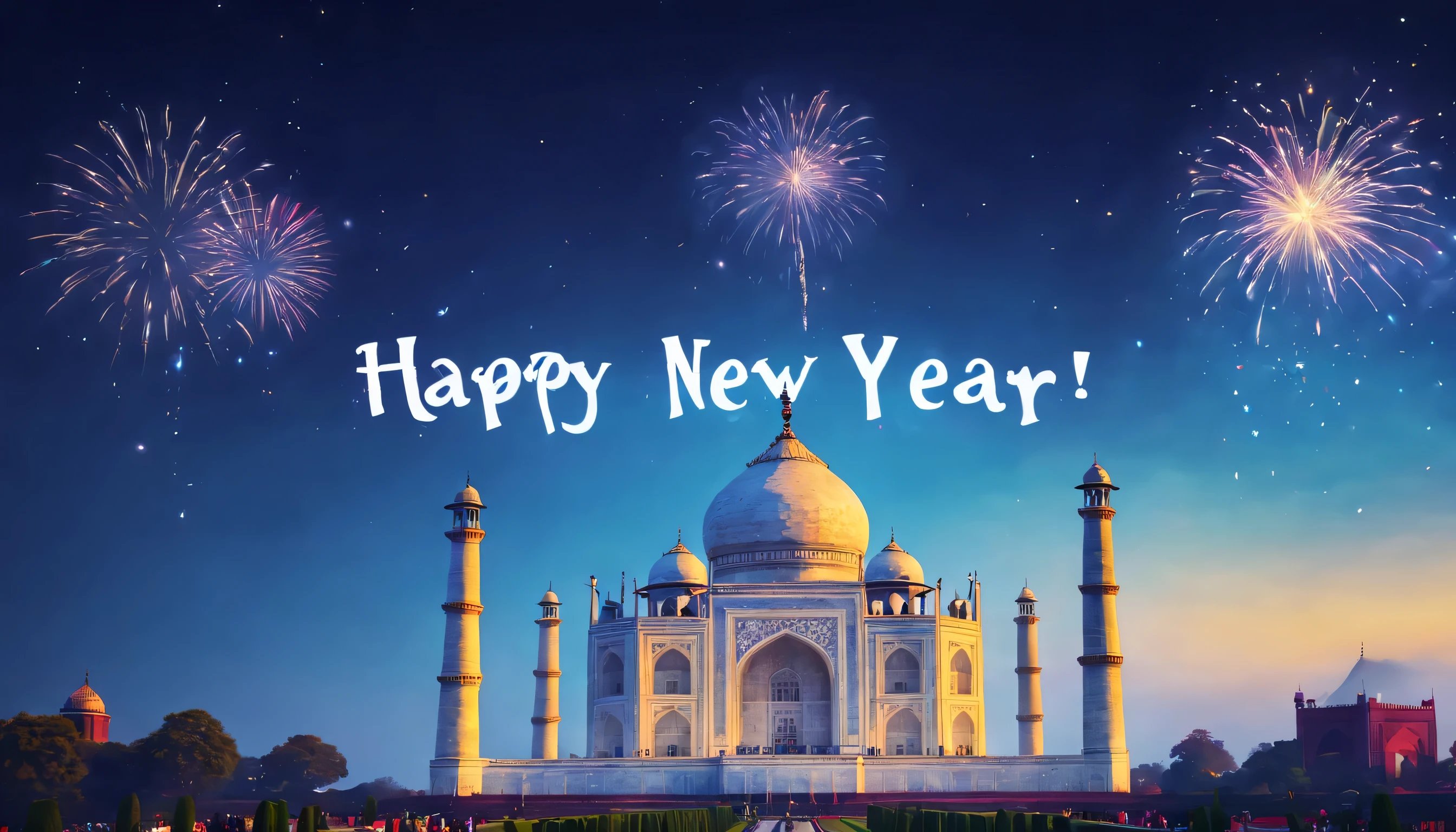 a banner floating in sky with the word "HAPPY NEW YEAR", the text HAPPY NEW YEAR is written in sky, enchanting backdrop of the Taj Mahal at night, the New Year celebrations unfolds,, masterpiece, super detail, award winning, highres, 16k