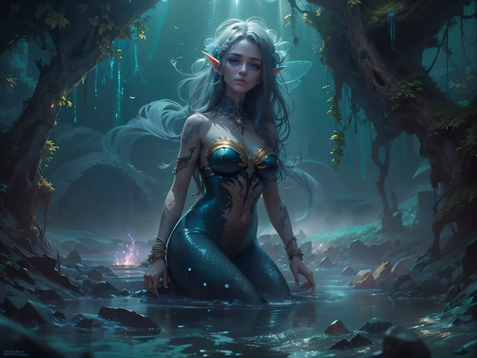 high details, best quality, 8k, [ultra detailed], masterpiece, best quality, (extremely detailed), dynamic angle, ultra wide shot, RAW, photorealistic, fantasy art, dnd art, rpg art, realistic art, an ultra wide picture of a sea elf (1.5 intricate details, Masterpiece, best quality) druid casting ((water control spell)), water wizard ((water magic)), ((contrilong swirling mass of water)), female sea elf, blue skin, green hair, long hair, swirling hair, intense eyes,small pointed eard, ((glowing eyes)), wearing sea shell clothing, beautiful elf, underwater background, rich underwater life, fish and sea weeds, high details, best quality, highres, ultra wide angle