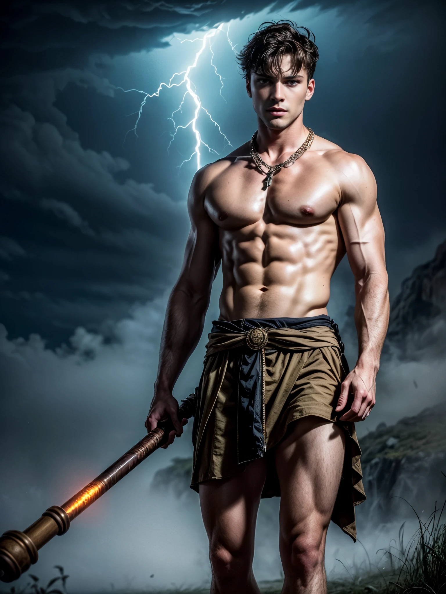 ((masterpiece)),((best quality)),8k, high detailed, ultra-detailed, Stylish Pose, real skin texture, dark cinematic lighting, 24 year-old Italian male model, handsome italian, cute looking, divine look, powerful light blue eyes, Zeus god, god of thunder, Jupiter, godly, , bending electricity, displaying the ability to manipulate lightning, creating massive lightning, white pale skin, roman god physic, intense blue eyes, dry hair dry short brown messy hair, strong jawline, masculine, muscular, defined fit body, hairless chest, shirtless, pantless, open sea, sinister aesthetic, black storm clouds, arm bracelet, lightning, clouds, thunder, walking towards the camera, (isolated:1.4), in the wilderness, natural enviroment, (in the middle of nowhere:1.6), (tule fog:1.4), (in the middlea thick fog:1.3), night dark storm, barelegged, barechest, barefoot, antique linen spartan loincloth , white linen antique draped cloth skirt, (golden chain in roman skirt:1.2),,,, dim light, dark atmosphere, cinematic lighting, Depth of field, award-winning photography, elegant, hyperrealistic, octane render, unreal, high definition, 8k resolution, highly detailed, 8k uhd, professional lighting, photon mapping, radiosity, physically-based rendering