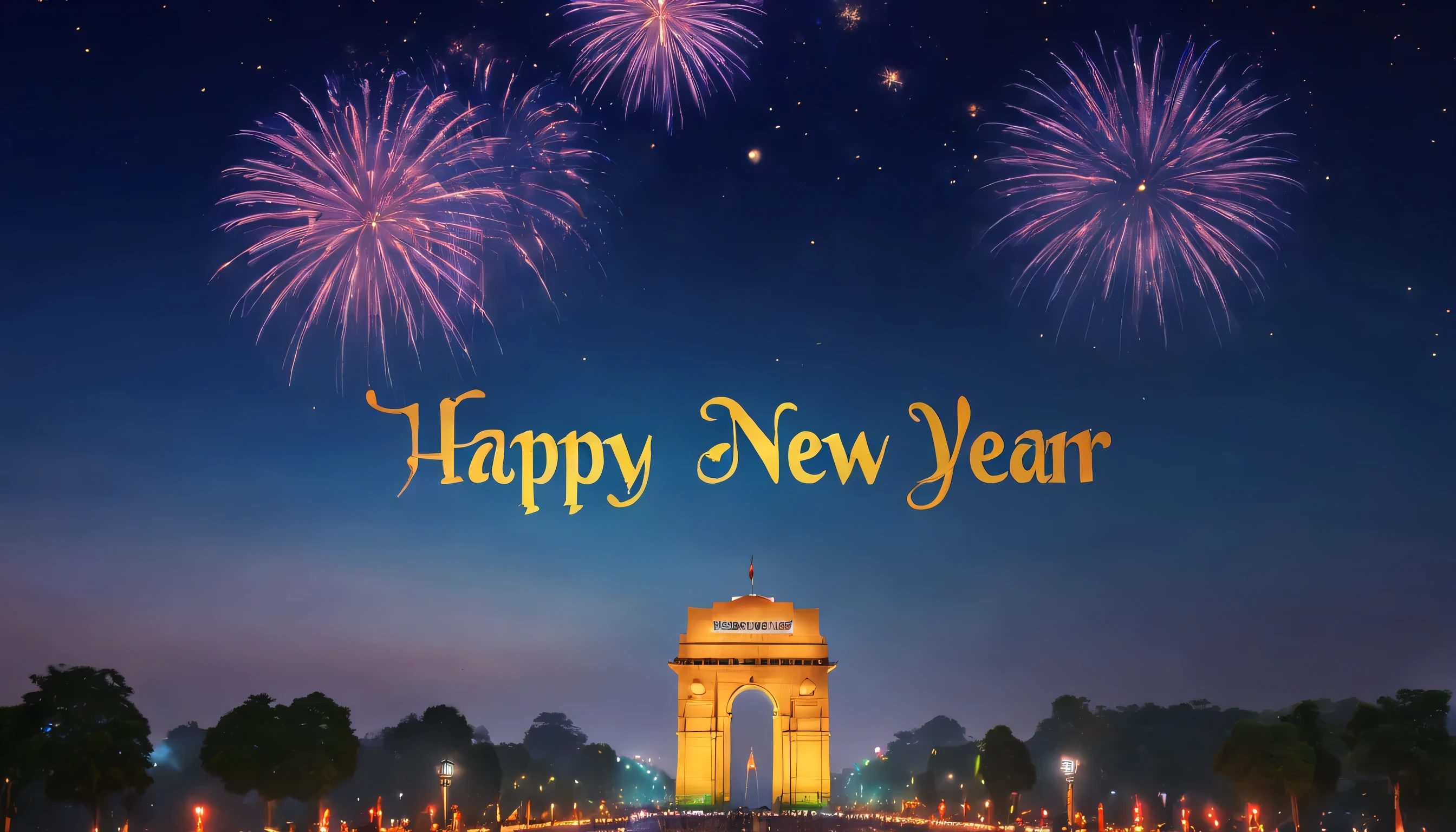 a banner floating in sky with the word "HAPPY NEW YEAR", the text HAPPY NEW YEAR is written in sky, enchanting backdrop of the India Gate at night, the New Year celebrations unfolds,, masterpiece, super detail, award winning, highres, 16k