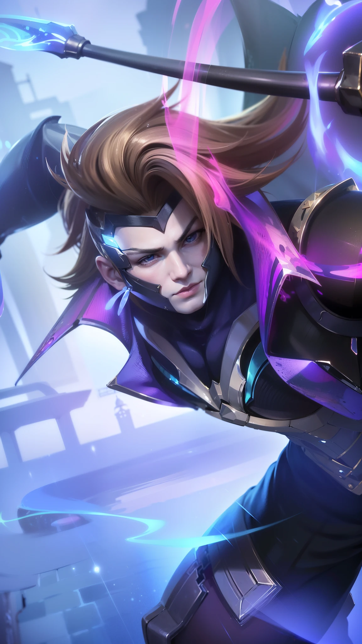 masculine male, masterpiece, ((perfect eyeest quality, (semirealism:1.9), beautiful lighting, (extremely detailed CG unity 4k fhd wallpaper), High Detail, Sharp focus, dramatic outdoors, 1 boy ,19 years old, brown hair, light purpel eyes, (Absurdres, Intricate Details, Masterpiece, Best Quality, High Resolution, 8k), 1 male, thin, young, aged up, masked, finely detailed eyes and face, auburn low-fade hair, amber eyes, portrait, looking at viewer, solo, half shot, detailed background, (light fantasy theme:1.1), focusing, mercenary, sunshine, floating scraps, color plate armor, divine aura, bright realistic lighting, marble castle, intense atmosphere, circlet, coat of arms, brazier, Depth of Field, VFX.