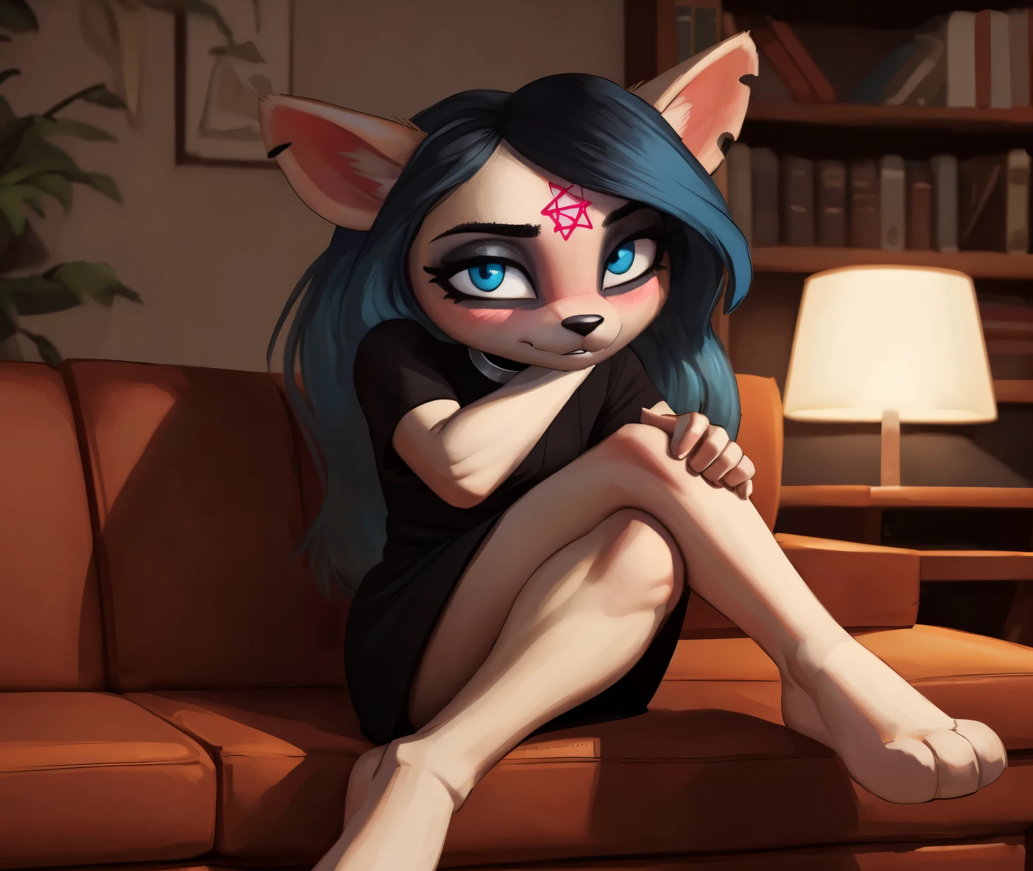 [Claire], [the summoning], [Uploaded to e621.net; (Pixelsketcher), (wamudraws)], ((masterpiece)), ((HD)), ((highres)), ((solo portrait)), ((full body)), ((front view)), ((furry; anthro)), ((detailed fur)), ((detailed soft shading)), ((beautiful render art)), {anthro; (slim figure), white fur, black nose, (cat ears), (cut on left ear), long blue hair, (bang over left eye), (pink pentagram on forehead), (cute blue eyes), (short eyelashes), (indigo eyeshadow), (curvy hips), (beautiful legs), (beautiful feet), (blushing), (expressionless)}, {(short sleeve black dress), (white collar)}, {(sitting on couch), (crossed legs), (hands in lap), (looking at viewer)}, [background; (living room), (mahogany floor), (bookshelf), (ambient lighting)]