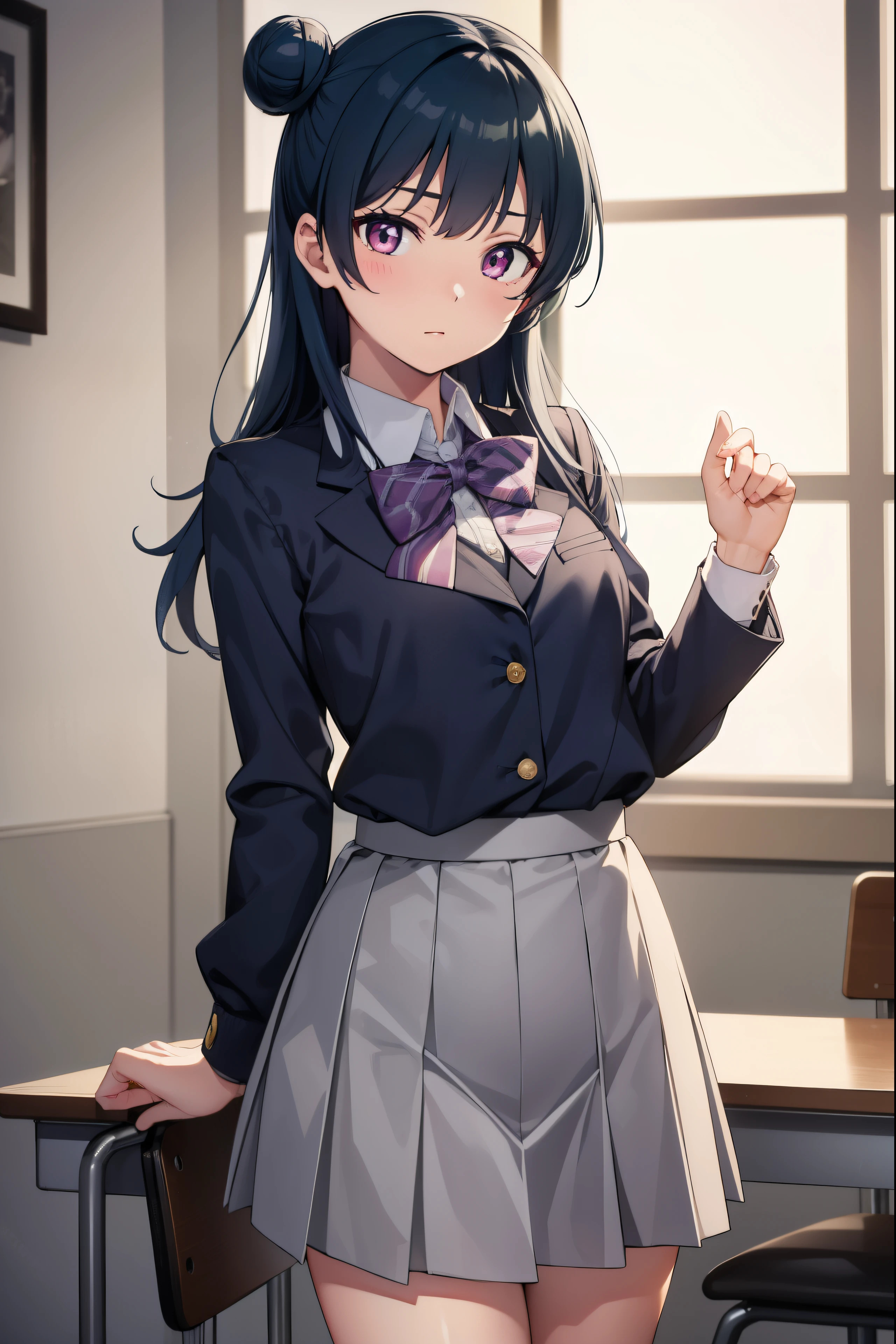 yoshikotsushima, yoshiko tsushima, blue hair, hair bun, (purple eyes:1.1), single side bun, bangs, long hair, (small breast:1.2),
BREAK bow, bowtie, buttons, grey skirt, long sleeves, pleated skirt, school uniform, serafuku, skirt, uranohoshi school uniform, yellow bow, yellow bowtie, sleeveless,
BREAK looking at viewer, 
BREAK indoors, classroom,
BREAK (masterpiece:1.2), best quality, high resolution, unity 8k wallpaper, (illustration:0.8), (beautiful detailed eyes:1.6), extremely detailed face, perfect lighting, extremely detailed CG, (perfect hands, perfect anatomy),