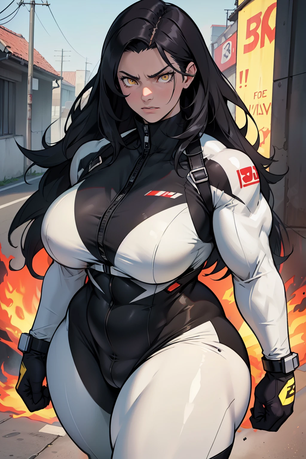 best quality best quality best quality black hair yellow eyes pale skin muscular huge greasts thick thighs angry solo extremely long hair girl body suit highly detailed highly detailed thick thick thick