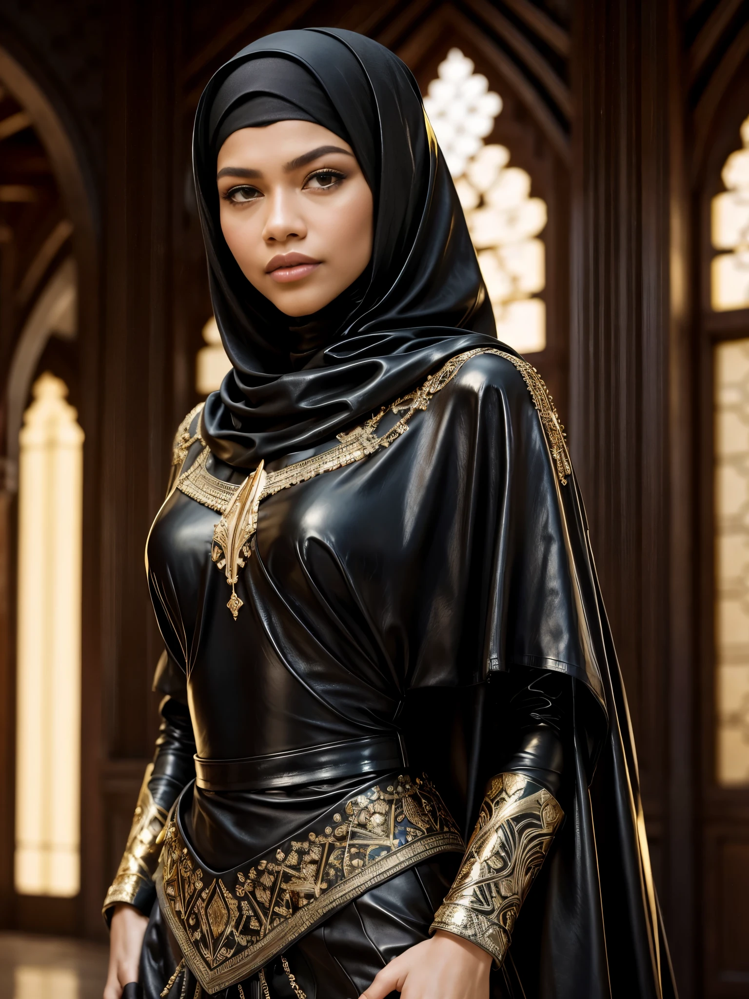 Zendaya, professional, (4k photo) by (Jeremy Lipking:0.3), (Dittmann Anna:0.3), (Arian Mark:0.3), (Sharp focus:1.3), (beautiful woman:1.3), wearing (leather hijab, leather abaya with intricate gold details:1.2), perfect make-up, striking, mesmerizing eyes, beautiful detailed face, standing in an arabian medieval marketplace