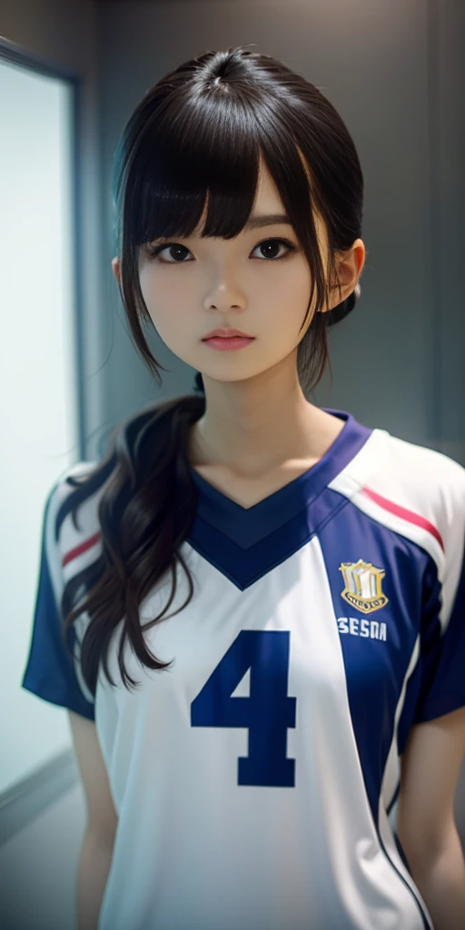 there is a woman standing in a bathroom with a blue shirt, wearing a volleyball jersey, wearing basketball jersey, taejune kim, seseon yoon, shin min jeong, jinyoung shin, heonhwa choe, kim hyun joo, jaeyeon nam, kimi takemura, ulzzang, ji-min, jiyun chae, eiko ishioka