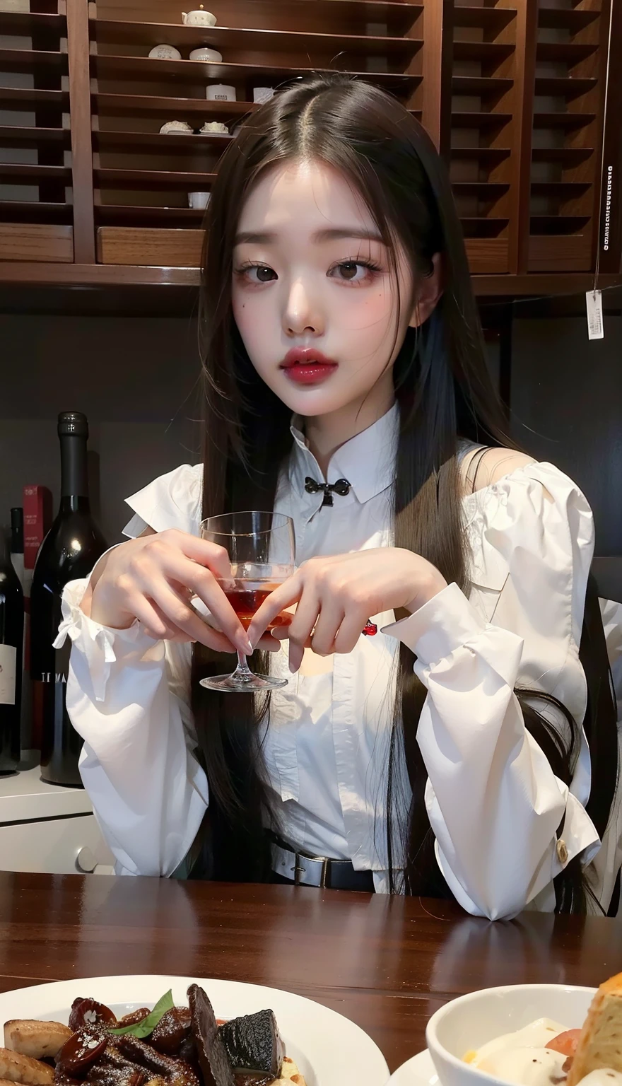 Hay una mujer sentada en una mesa con una copa de vino, Blackpink Jennie, Asian girl con el pelo largo, beautiful Asian girl, con el pelo largo, Peinado blanco de corte hime, Hermosa mujer surcoreana, Xision Wu, Asian girl, Chica coreana, Ruan Jia hermoso!, asian features, young Asian girl, Chica china, Hermosa modelo china, El Corte Hime