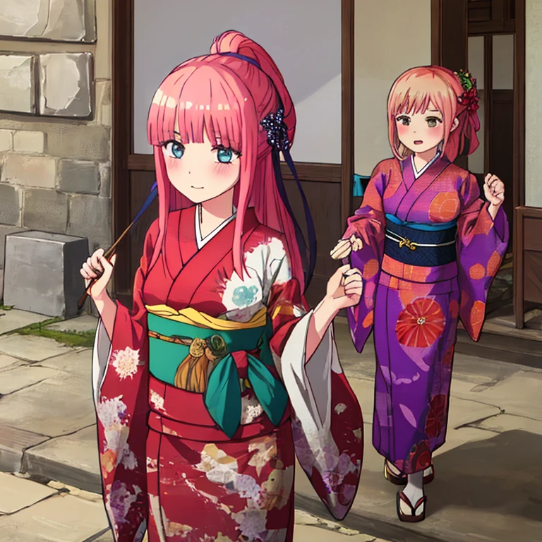 {Best Quality}, {very aesthetic}, {Ultra-detailed}, {Best Illustration}, a girl, japanese kimono, Pink hair