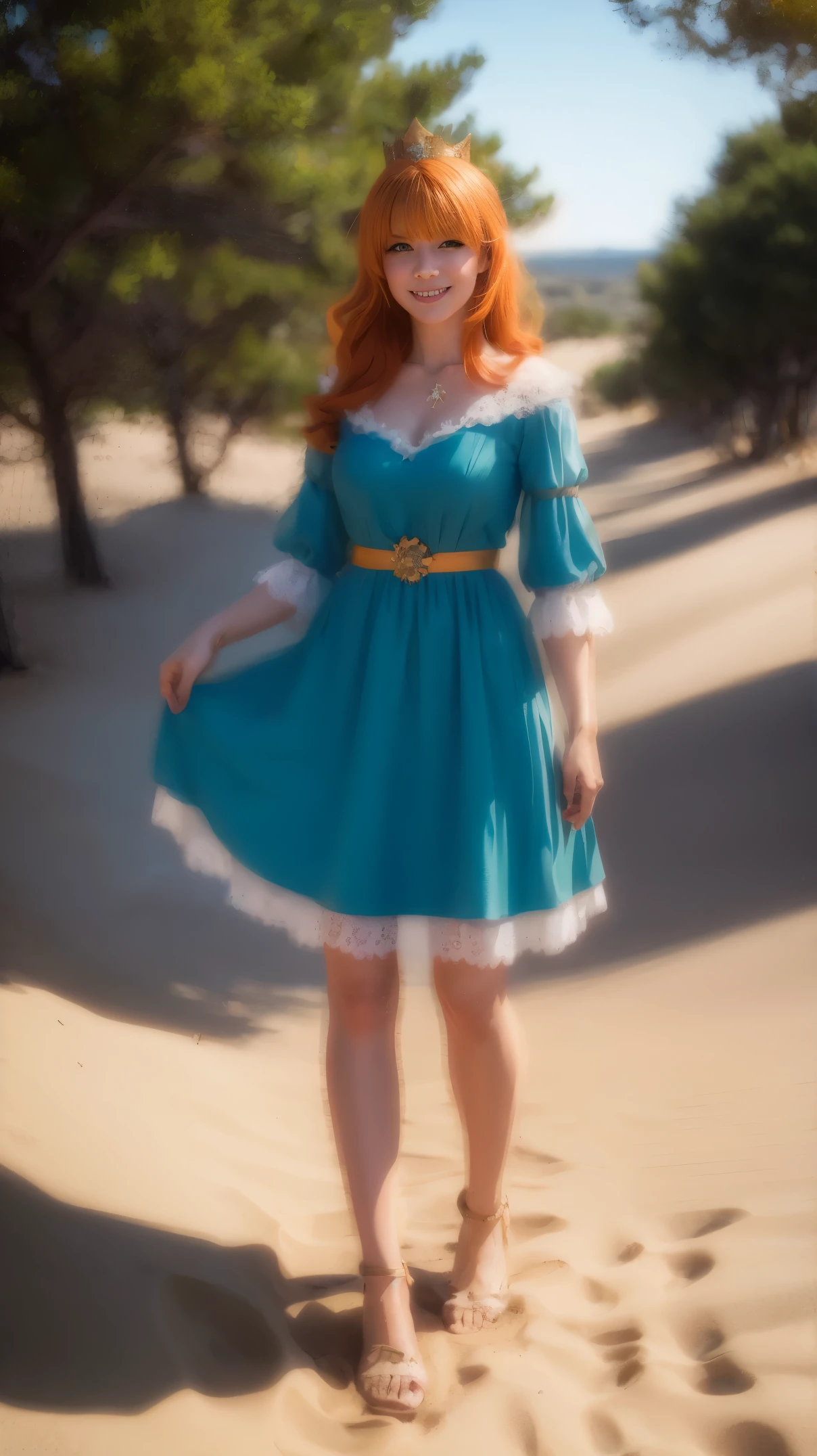 шеDевральное, Best Quality, 独奏, 1Dевочка, orange hair, Blue hair, :D, orange dress, ГляDя на зрителя, exteriors, sand dunes, crown, Standing, full - body, Cowboy shot, руки на беDрах,