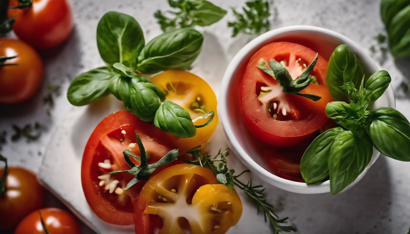 a high-angle shot of a tomato salad, featuring a variety of sliced tomatoes, fresh herbs, and other colorful ingredients, creating an appetizing and visually appealing composition