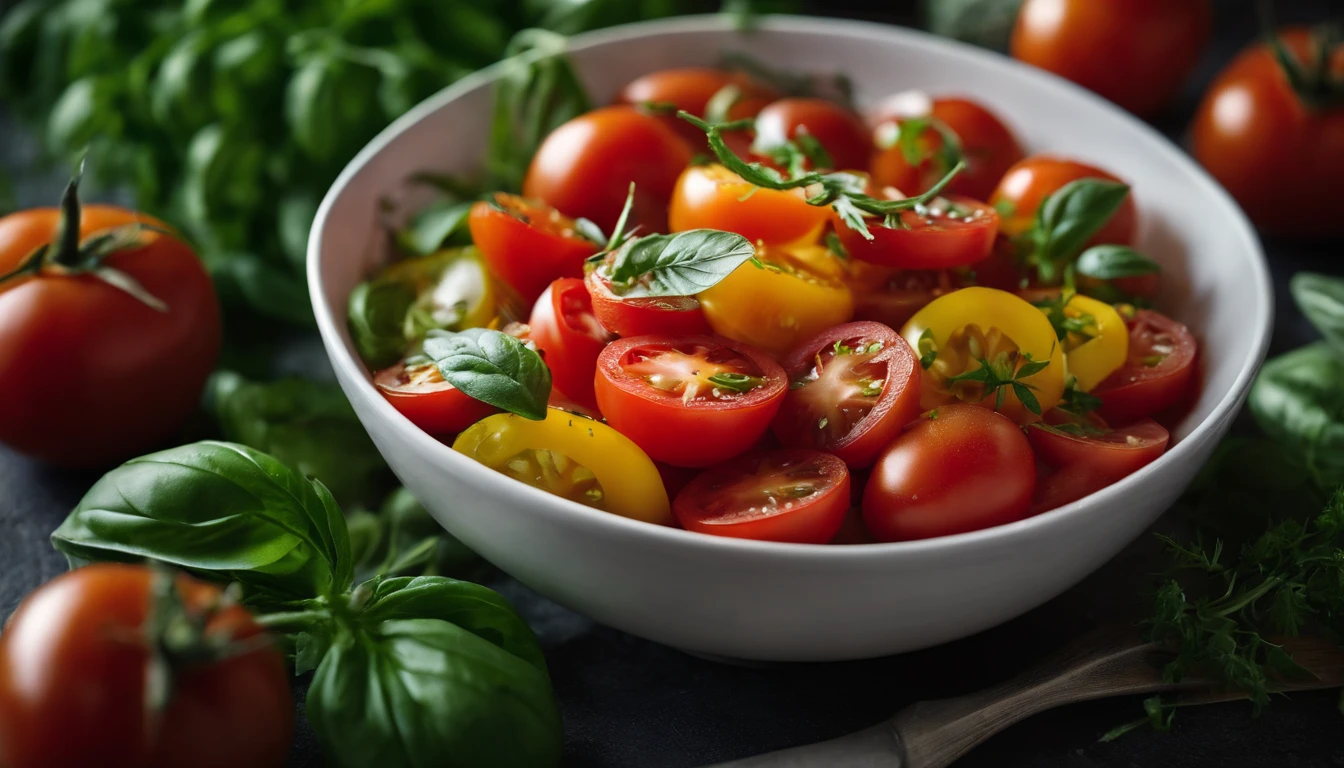 a high-angle shot of a tomato salad, featuring a variety of sliced tomatoes, fresh herbs, and other colorful ingredients, creating an appetizing and visually appealing composition