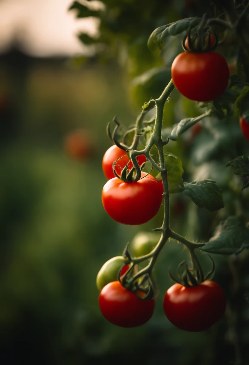 a high-resolution shot of a tomato plant in a garden, with vibrant red tomatoes hanging from the vines, evoking the beauty of nature’s harvest