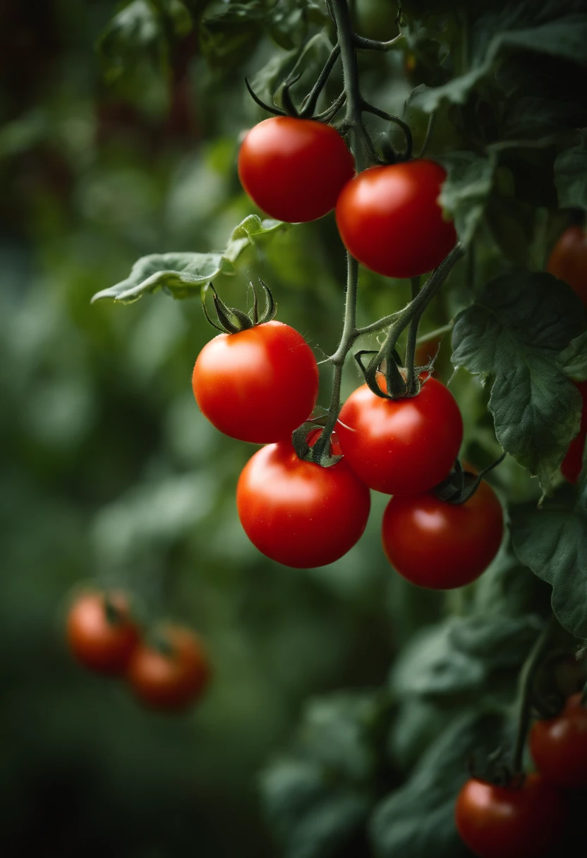 a high-resolution shot of a tomato plant in a garden, with vibrant red tomatoes hanging from the vines, evoking the beauty of nature’s harvest