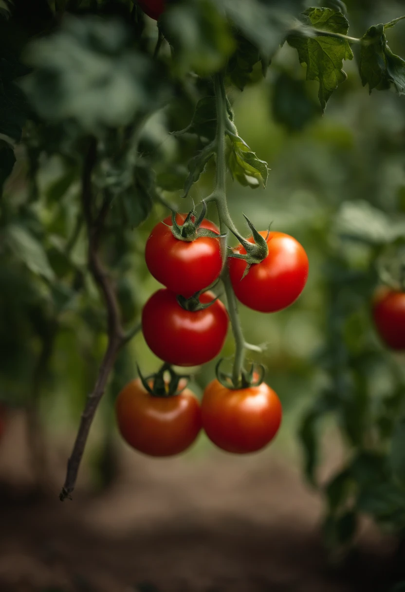 a high-resolution shot of a tomato plant in a garden, with vibrant red tomatoes hanging from the vines, evoking the beauty of nature’s harvest