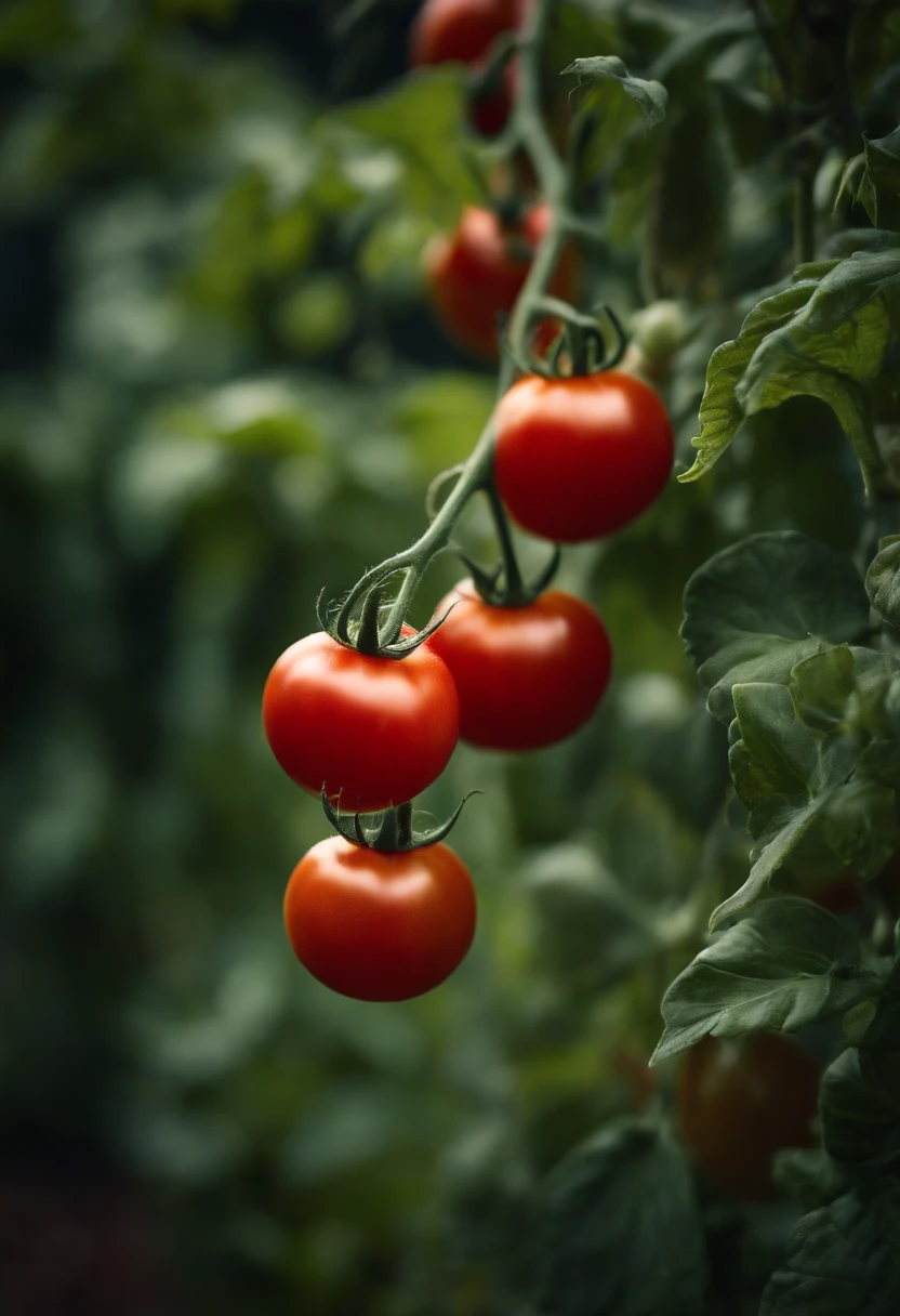a high-resolution shot of a tomato plant in a garden, with vibrant red tomatoes hanging from the vines, evoking the beauty of nature’s harvest