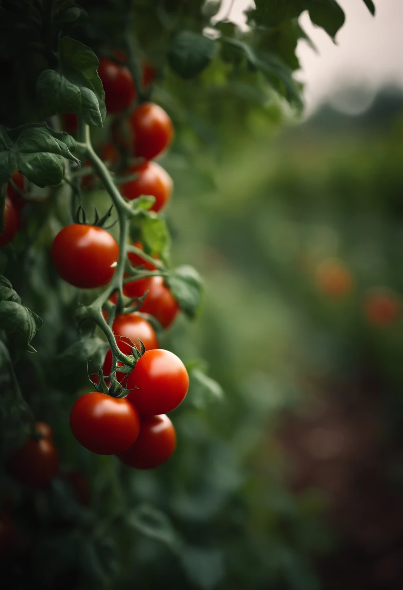 a high-resolution shot of a tomato plant in a garden, with vibrant red tomatoes hanging from the vines, evoking the beauty of nature’s harvest