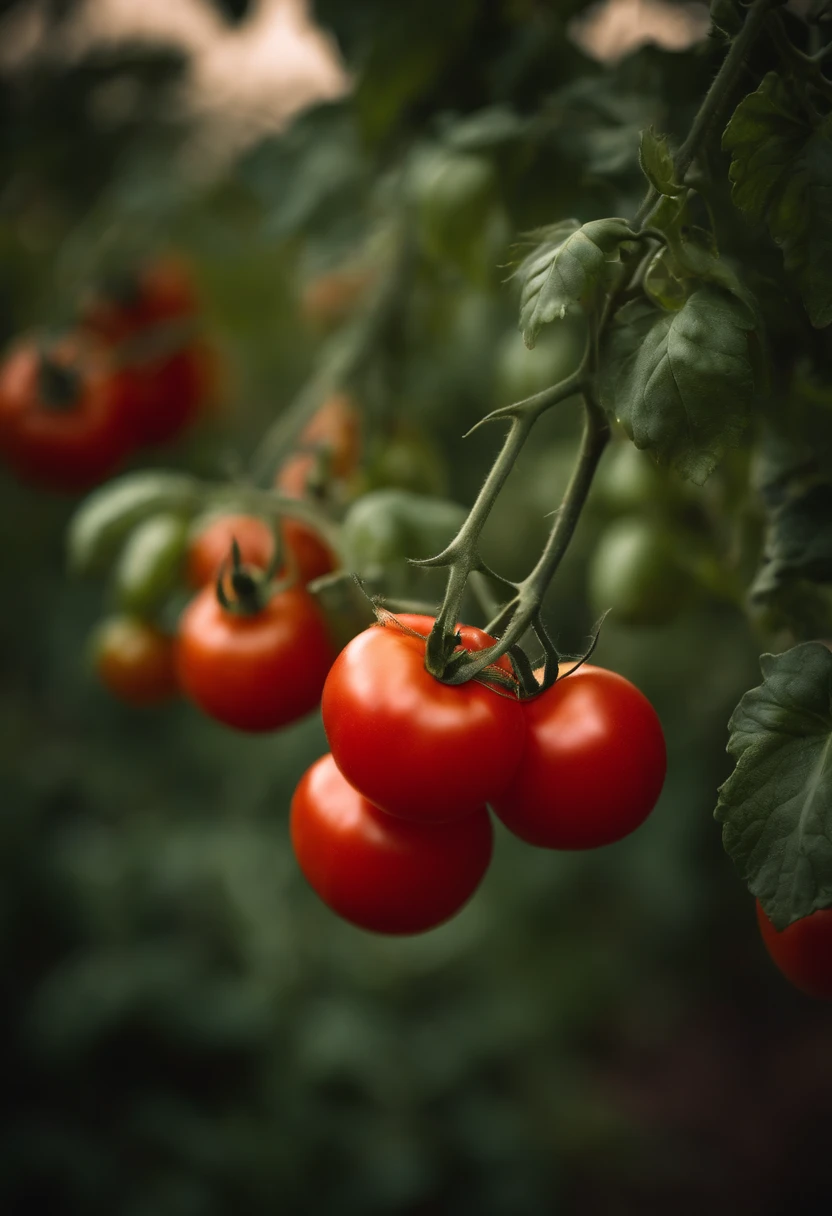 a high-resolution shot of a tomato plant in a garden, with vibrant red tomatoes hanging from the vines, evoking the beauty of nature’s harvest