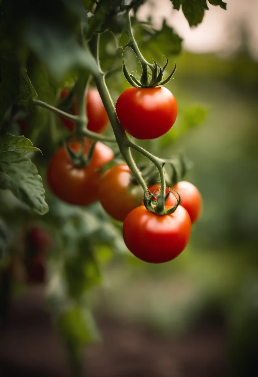 a high-resolution shot of a tomato plant in a garden, with vibrant red tomatoes hanging from the vines, evoking the beauty of nature’s harvest