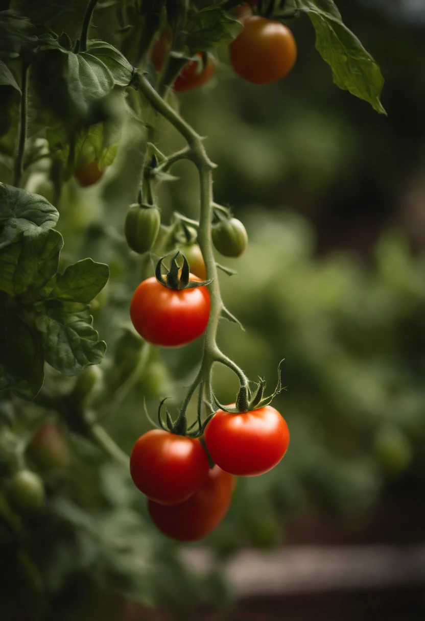 a high-resolution shot of a tomato plant in a garden, with vibrant red tomatoes hanging from the vines, evoking the beauty of nature’s harvest