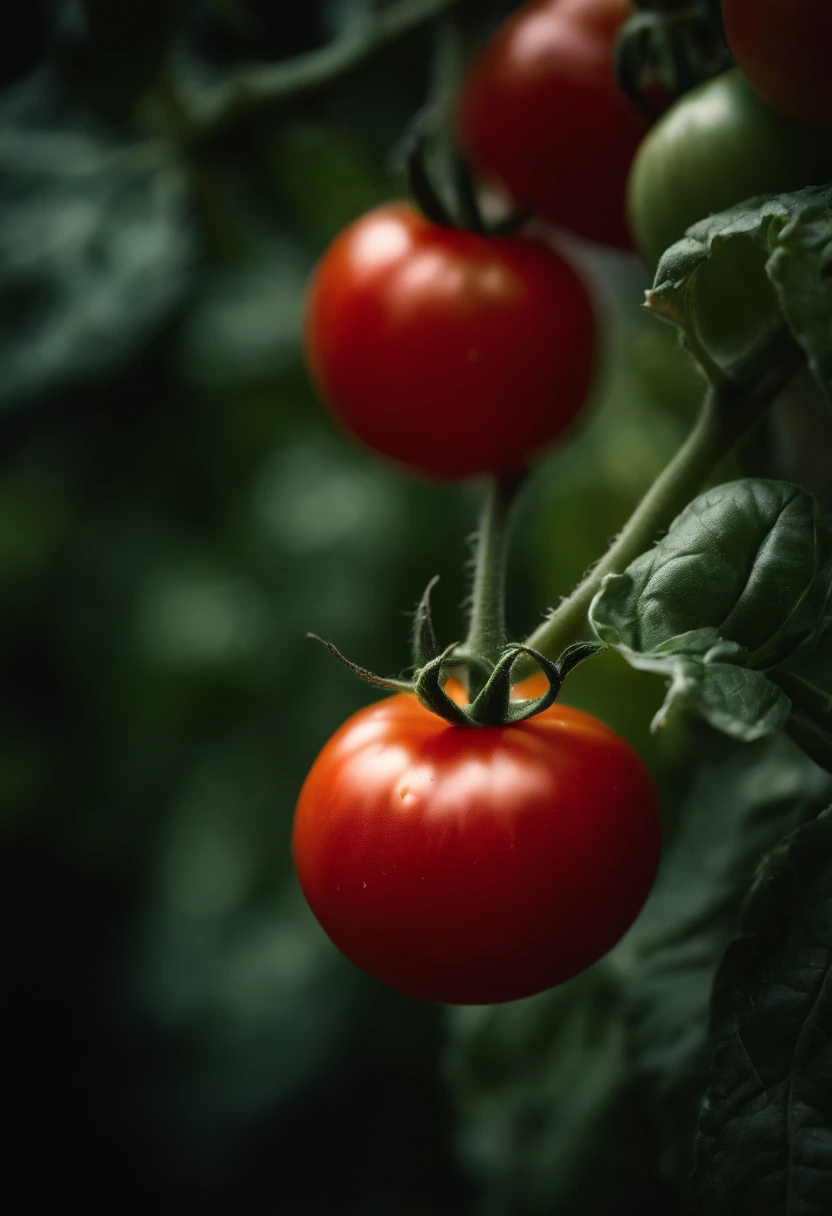 a high-resolution shot of a tomato plant in a garden, with vibrant red tomatoes hanging from the vines, evoking the beauty of nature’s harvest