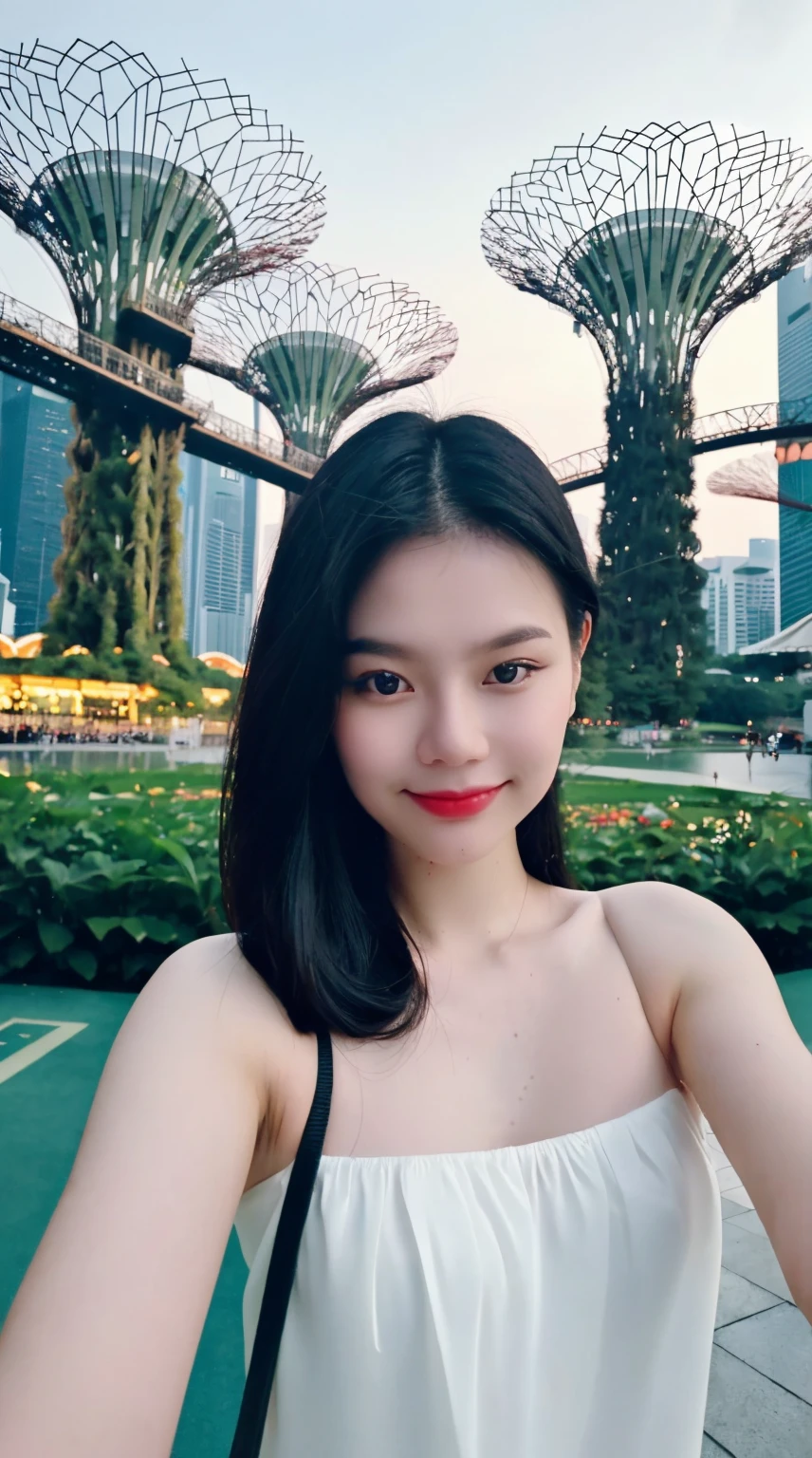 1girl, smile, (indistinguishable from reality:1.4) (8k, masterpiece, best quality, ultra-detailed), surreal gradient contemporary, nature, photography, photography-color, portraits, vibrant (lofi, analog, kodak film), detailed intricate hair, Instagram photo, background gardens by the Bay, singapore, bigogirl02, selfie