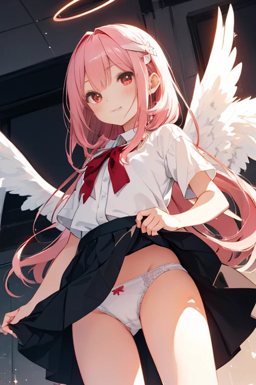 (skirt lift, self lift, white panties:1.2) BREAK beautiful illustration, best quality, cute little girl, angel, halo, chibi, babyface, long pink hair, beautiful detailed red eyes, cinematic lighting, looking at viewer, blush, happy, from below