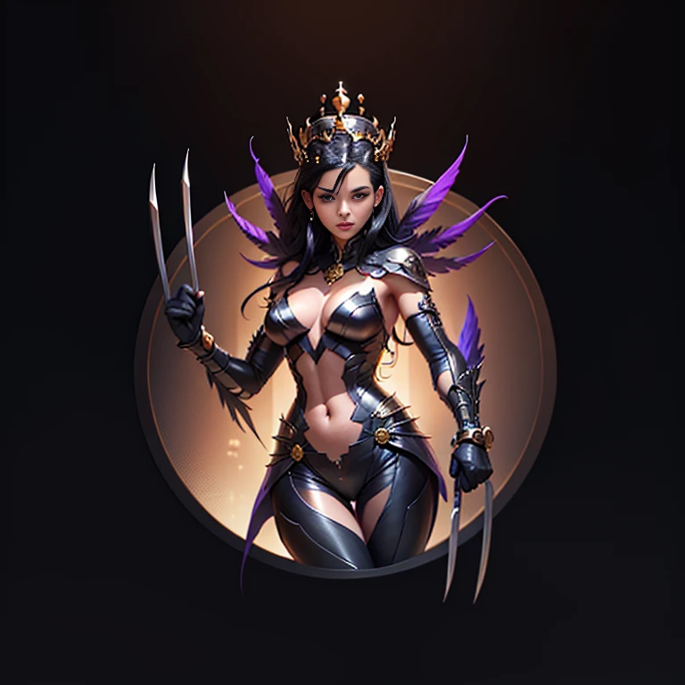 Beautiful mature women, witch, purple clothes, metallic feather design, red highlights, claws in both hands, beautiful,gothic, sharp features, sexy,hazel eyes, long purple-black hair, black skull like crown, beautiful, mature beauty, cold beauty, queen