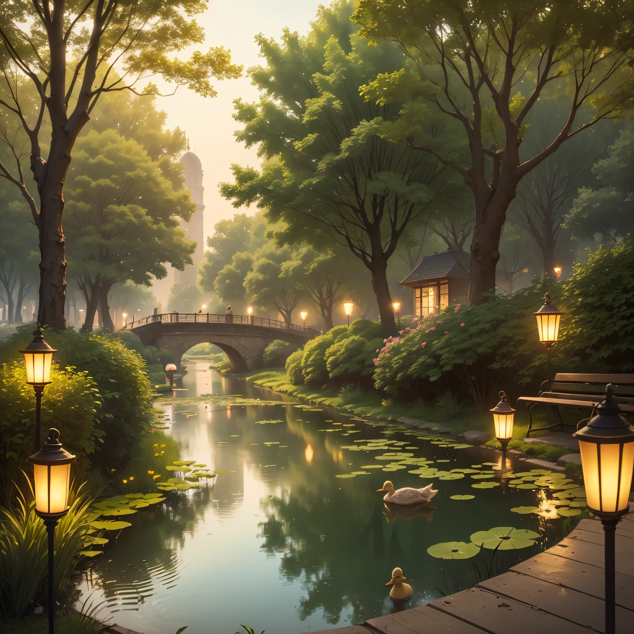 (Evening Park). Calm, Quiet street, lanterns, Benches, Bower. summertime. ((in the distance there is a small pond with ducks))