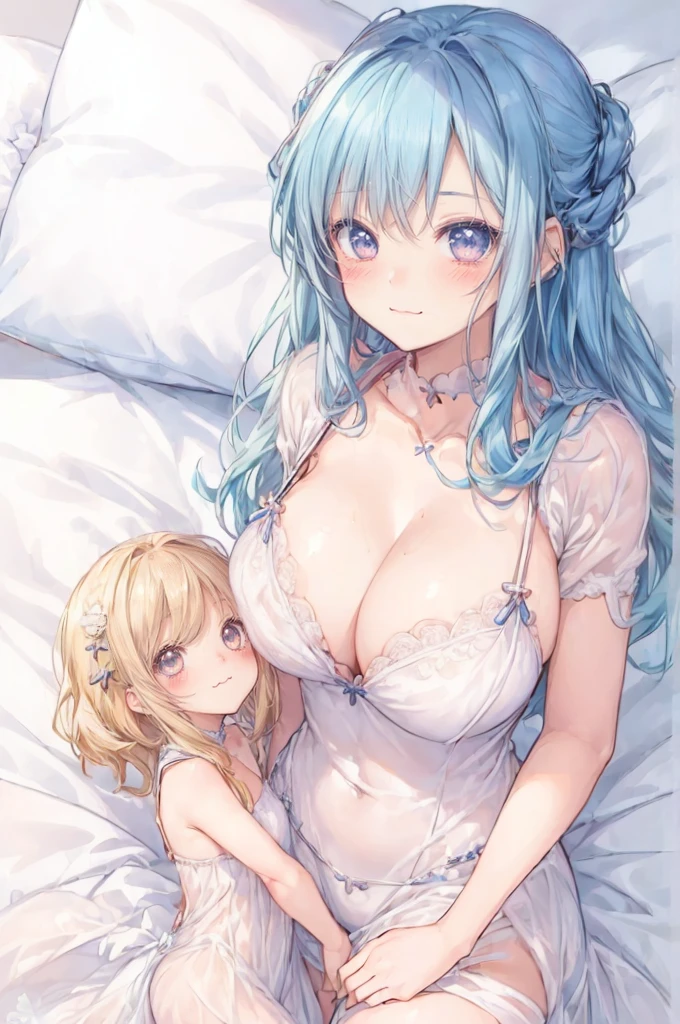 (2girls:2), (a girl on a giantess breasts: 1.2), (girl on the breasts of a giantess: 1.2), a giantess looming over a girl, (giantess girl and a girl: 1.1), (giantess:1.2), giant bed, very detailed, (height_difference:1.5), (breasts closeup: 1.3), bra, pajamas, cleavage, fantasy, very detailed, beautiful, professionally drawn, (huge breasts), (cleavage sweat), (anime drawing:1.1), sketch, (anime:1.1), (very cute anime girl), (bright), (low contrast), collarbone, (>:D:1.2), :3, (prettiest age girl), (mature face: 1.4), (laying down: 1.4), (hugging:1.2), (in a blanket: 1.1), (tall girl with big breasts: 1.2)