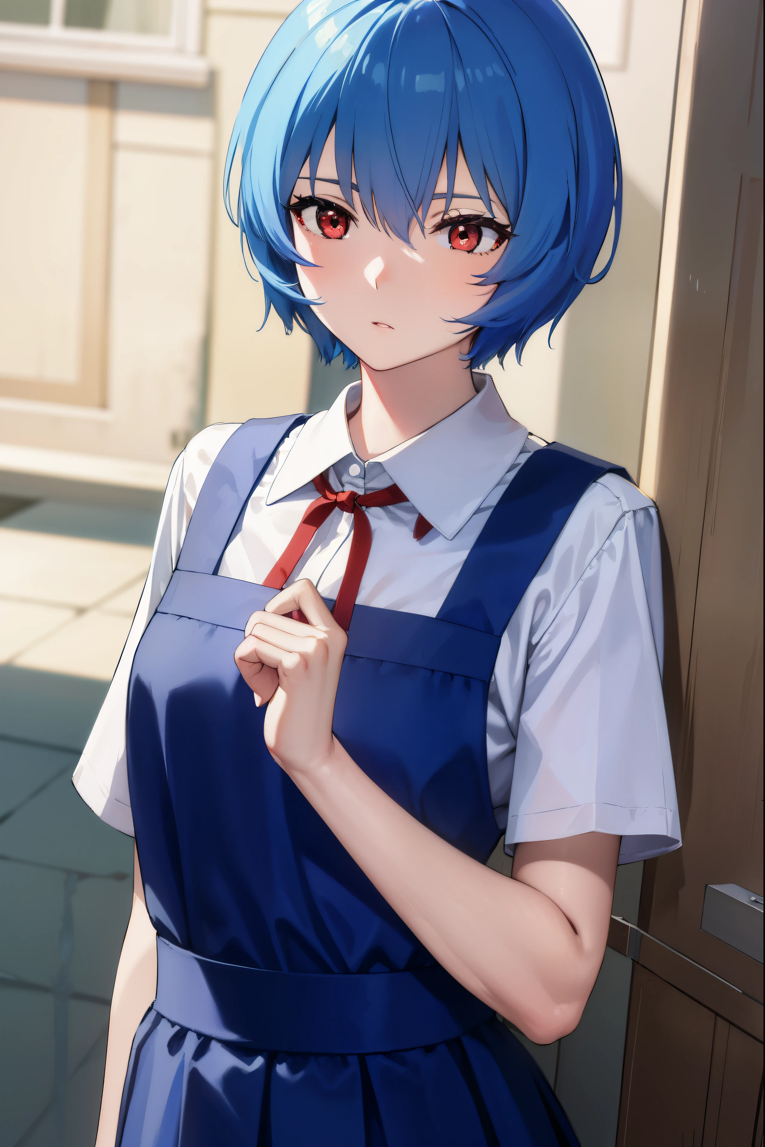 reiayanami, rei ayanami, blue hair, short hair, (red eyes:1.5),
BREAK blue dress, dress, neck ribbon, pinafore dress, red ribbon, ribbon, school uniform, short sleeves, short-sleeved sweater, sweater,
BREAK outdoors, city,
BREAK looking at viewer, 
BREAK (masterpiece:1.2), best quality, high resolution, unity 8k wallpaper, (illustration:0.8), (beautiful detailed eyes:1.6), extremely detailed face, perfect lighting, extremely detailed CG, (perfect hands, perfect anatomy),