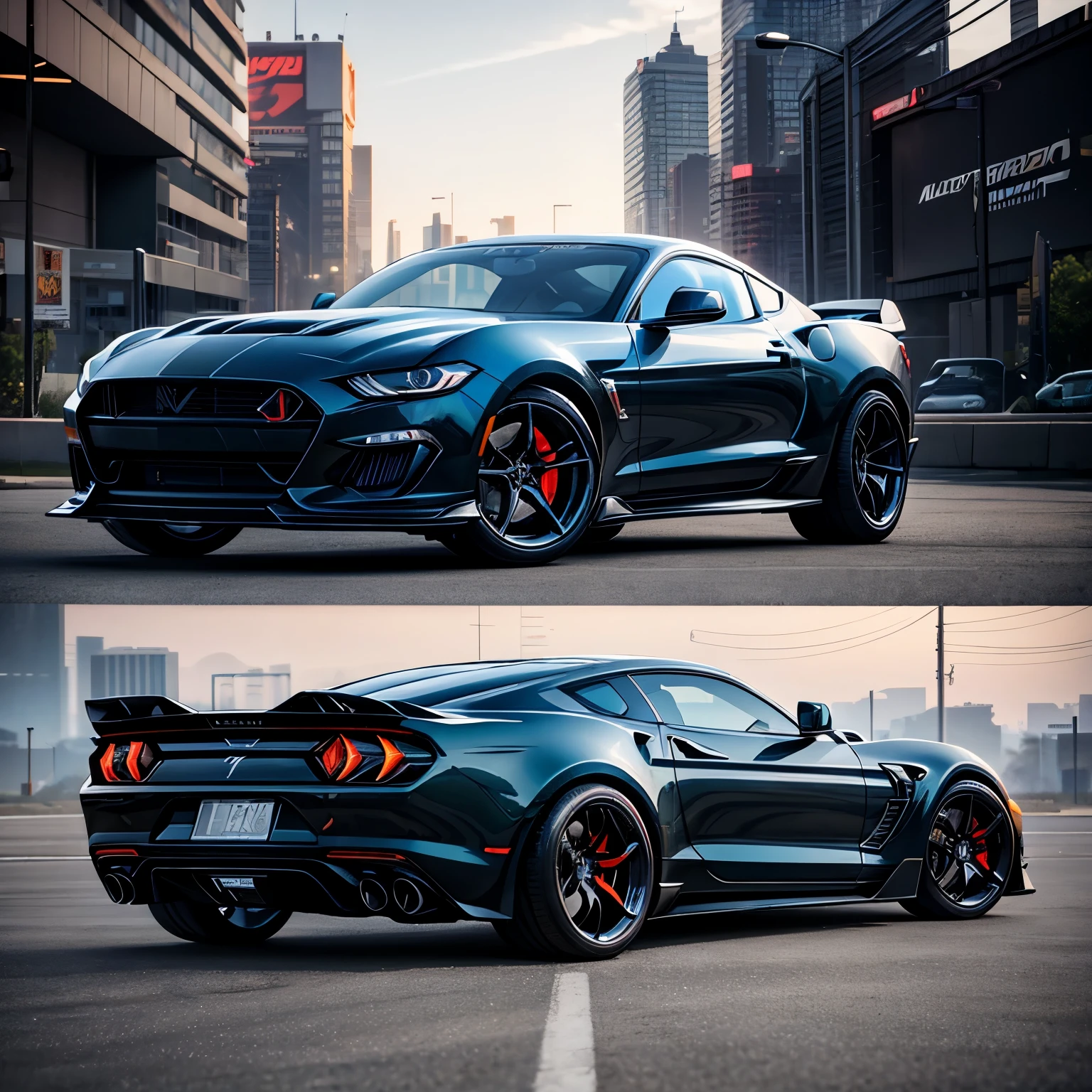 Create a 3d Render of a hybrid crossover of a Mustang, Shelby Corvette and McLaren matte black. Hyper realistic, studio lighting, dramatic. setting is cyberpunk 2077. add a male character leaning against the car.