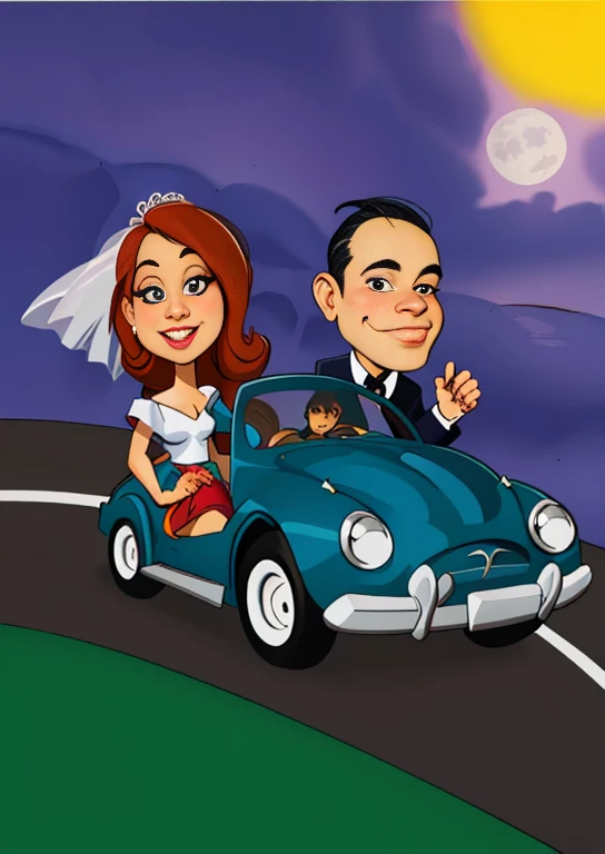 Cartoon of a noiva and groom in a car on a road, casamento, caricature illustration, in Cartoon style, Estilo de caricatura, Cartoon style illustration, noiva, Cartoon style, stylized digital illustration, Cartoon artstyle, charicatura, Cartoon digital art, in illustration style digital, caricatural, we go, Cartoon, Cartoonish, divertido, louco