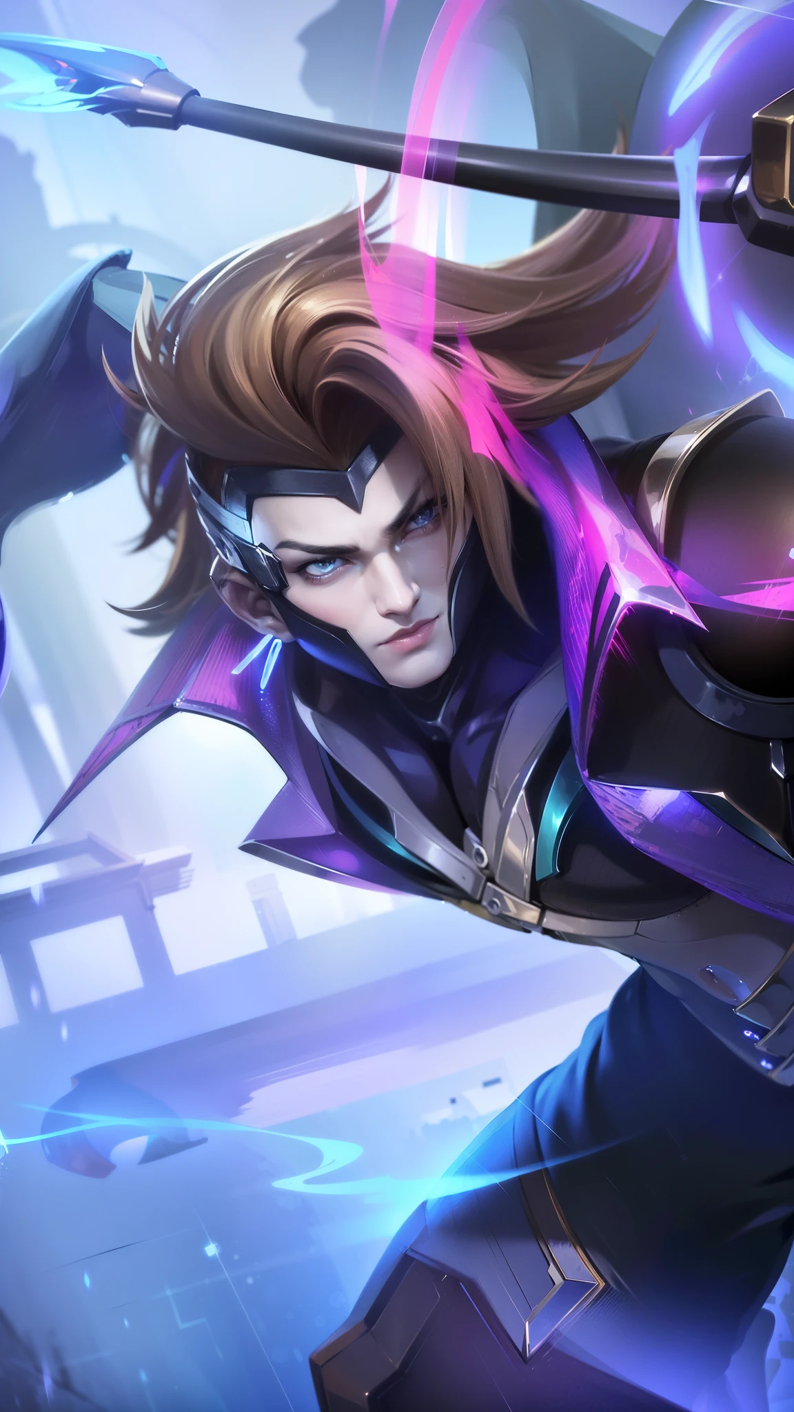 masculine male, masterpiece, ((perfect eyeest quality, (semirealism:1.9), beautiful lighting, (extremely detailed CG unity 4k fhd wallpaper), High Detail, Sharp focus, dramatic outdoors, 1 boy ,19 years old, brown hair, light purpel eyes, (Absurdres, Intricate Details, Masterpiece, Best Quality, High Resolution, 8k), 1 male, thin, young, aged up, masked, finely detailed eyes and face, auburn low-fade hair, amber eyes, portrait, looking at viewer, solo, half shot, detailed background, (light fantasy theme:1.1), focusing, mercenary, sunshine, floating scraps, color plate armor, divine aura, bright realistic lighting, marble castle, intense atmosphere, circlet, coat of arms, brazier, Depth of Field, VFX.