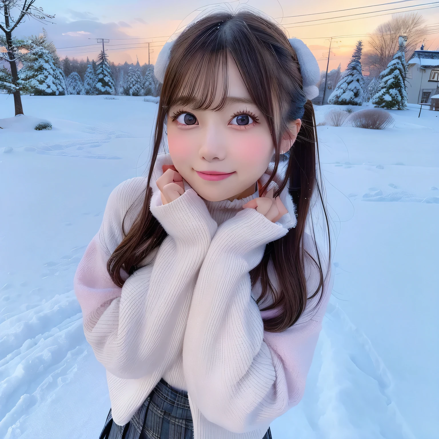 masutepiece, Best Quality,, Ultra-detailed, finely detail, hight resolution,girl in pleated miniskirt, 校服、Pink ribbon、Big breasts、Gray hoodie、Mofumofu、Snowy landscape, Winter wonderland, Cute and innocent look, rosy cheeks, Sparkling eyes, warm winter clothes, Poses in motion, footsteps in the snow, Falling snowflakes, Frosty tree, Snowy ground, soft snow texture, gentle and delicate lighting, Pastel color palette, dreamy ambiance, quirky and magical, hight resolutionの傑作:1.2, Ultra-detailed, Realistic:1.37, Vivid colors, Bokeh.、Playing in the snow、Laugh innocently、Poses in motion、Hair that flutters in the wind、Shot from directly below、nogizaka、Beautiful black eyes:1.3、17-year-old schoolgirl