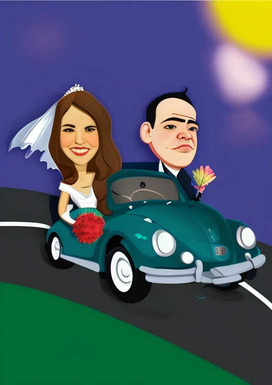 Cartoon of a noiva and groom in a car on a road, casamento, caricature illustration, in Cartoon style, Estilo de caricatura, Cartoon style illustration, noiva, Cartoon style, stylized digital illustration, Cartoon artstyle, charicatura, Cartoon digital art, in illustration style digital, caricatural, we go, Cartoon, Cartoonish, divertido, louco